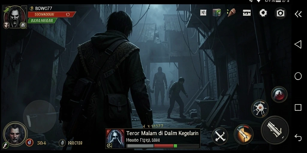 Screenshot gameplay BOWO77 menampilkan suasana menegangkan dan menyeramkan.