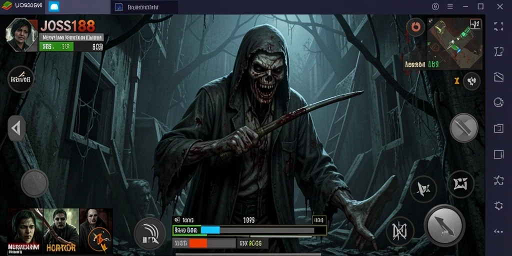 Screenshot utama JOSS188 menampilkan karakter dalam situasi menakutkan di dunia Horror.