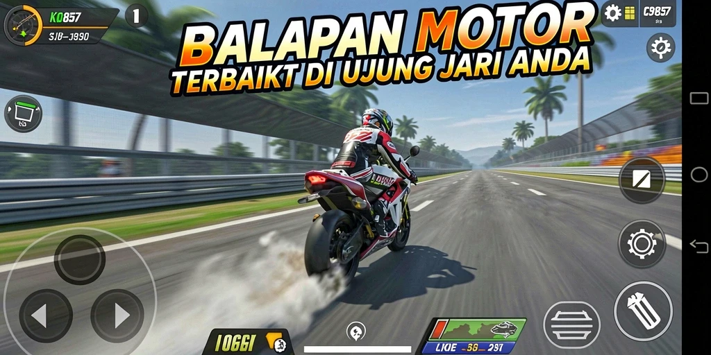 Tampilan gameplay mendebarkan dari KO857 di trek balapan motor.