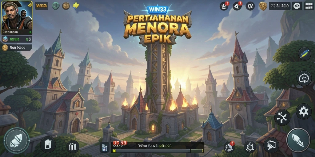 Screenshot gameplay WIN33 menunjukkan menara strategis dalam aksi melawan musuh.